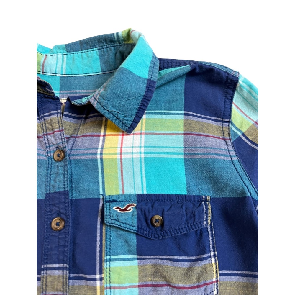 Hollister Blue Teal Yellow Plaid‎ Button Down Cotton  Shirt  M - Picture 3 of 7